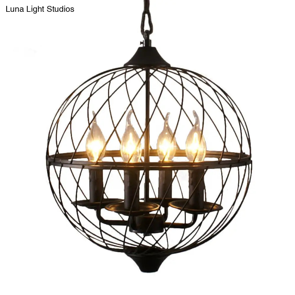 Iron Black Chandelier with Mesh Shade - 4-Bulb Industrial Ceiling Light for Dining Room