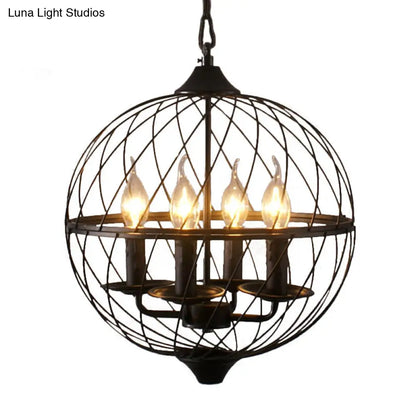 Iron Black Chandelier with Mesh Shade - 4-Bulb Industrial Ceiling Light for Dining Room