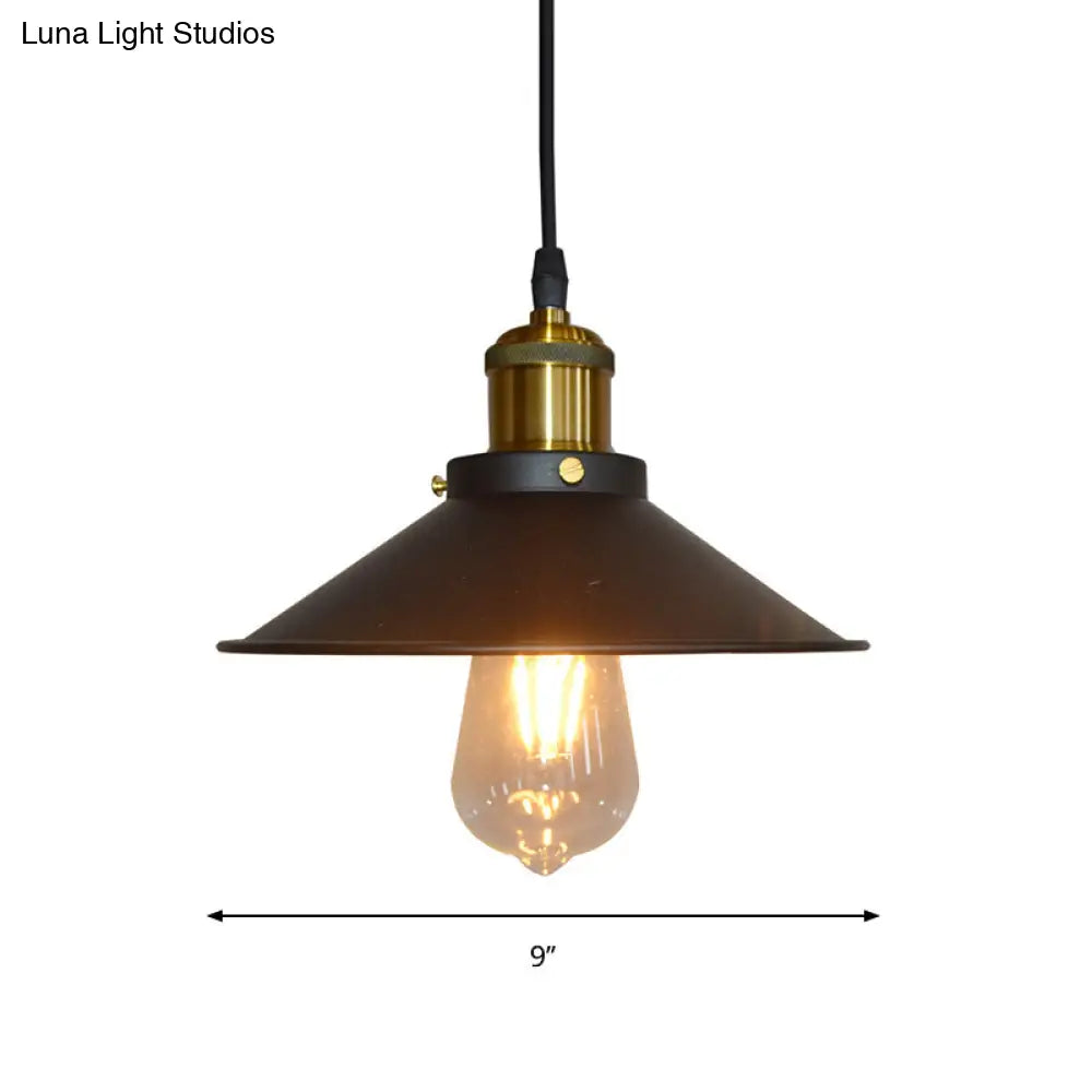 Iron Black Cone Shade Pendant Light with Roll-Trim - 1-Light Suspension Lamp for Factory Ceiling