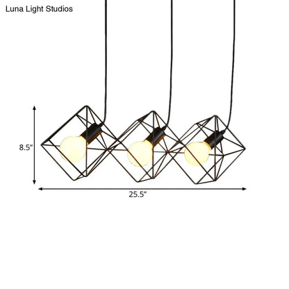 Iron Black Cube Cage Pendant Lamp - Industrial Style with 3 Bulbs, Multiple Hanging Lights