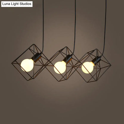 Iron Black Cube Cage Pendant Lamp - Industrial Style with 3 Bulbs, Multiple Hanging Lights