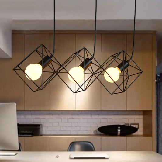 Iron Black Cube Cage Pendant Lamp - Industrial Style with 3 Bulbs, Multiple Hanging Lights