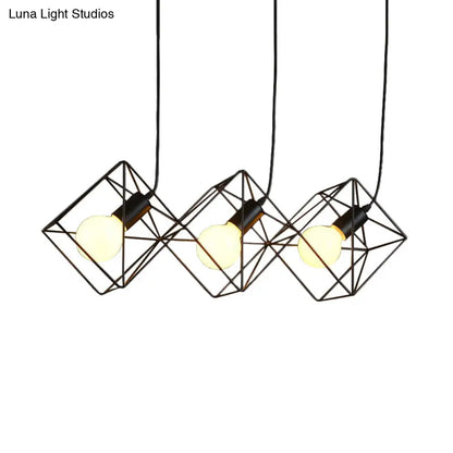 Iron Black Cube Cage Pendant Lamp - Industrial Style with 3 Bulbs, Multiple Hanging Lights