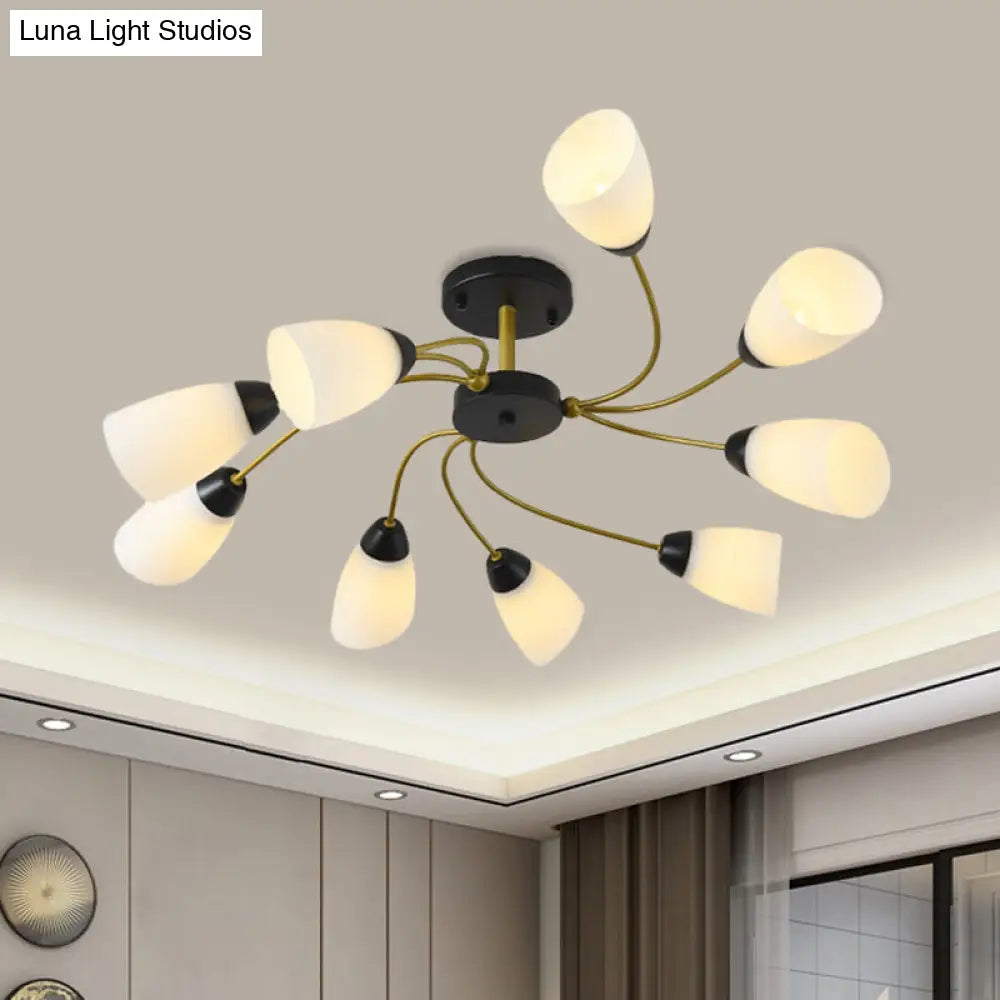 DecorBites™ DecorBites™ Iron Black/Gold Ceiling Spiral Semi Flush Mount Light with Tapered White Glass Shade - 9/12-Head Traditional Fixture