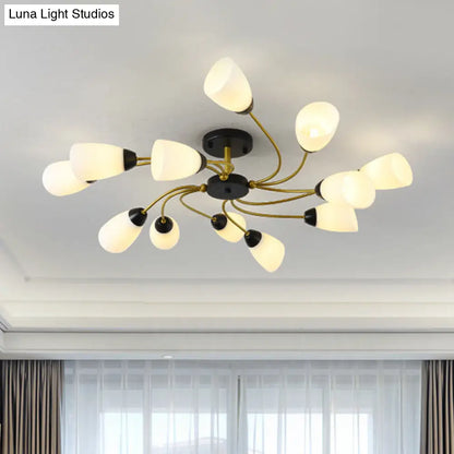 DecorBites™ DecorBites™ Iron Black/Gold Ceiling Spiral Semi Flush Mount Light with Tapered White Glass Shade - 9/12-Head Traditional Fixture