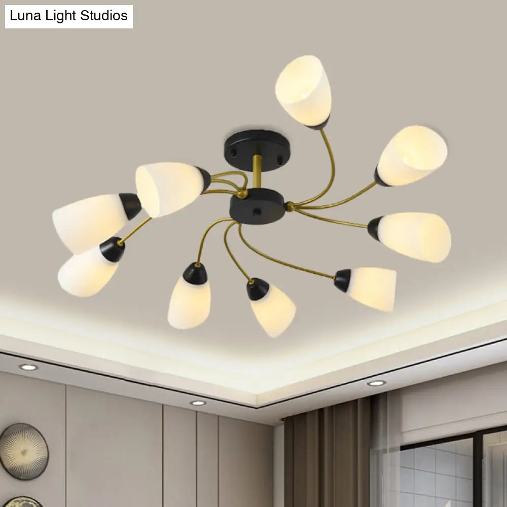 DecorBites™ DecorBites™ Iron Black/Gold Ceiling Spiral Semi Flush Mount Light with Tapered White Glass Shade - 9/12-Head Traditional Fixture