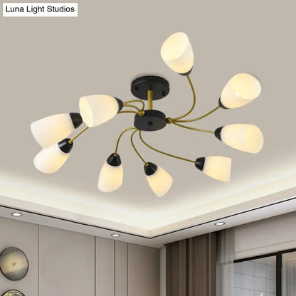 DecorBites™ DecorBites™ Iron Black/Gold Ceiling Spiral Semi Flush Mount Light with Tapered White Glass Shade - 9/12-Head Traditional Fixture