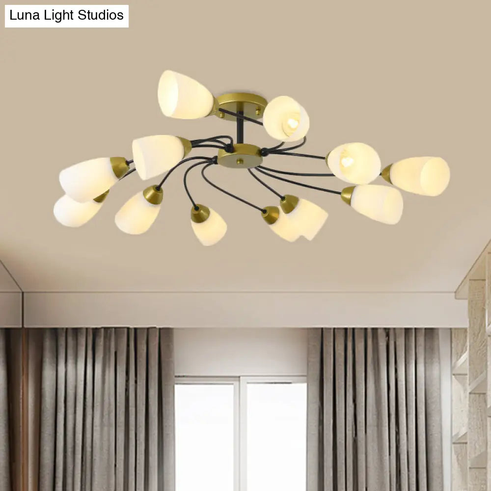 DecorBites™ DecorBites™ Iron Black/Gold Ceiling Spiral Semi Flush Mount Light with Tapered White Glass Shade - 9/12-Head Traditional Fixture