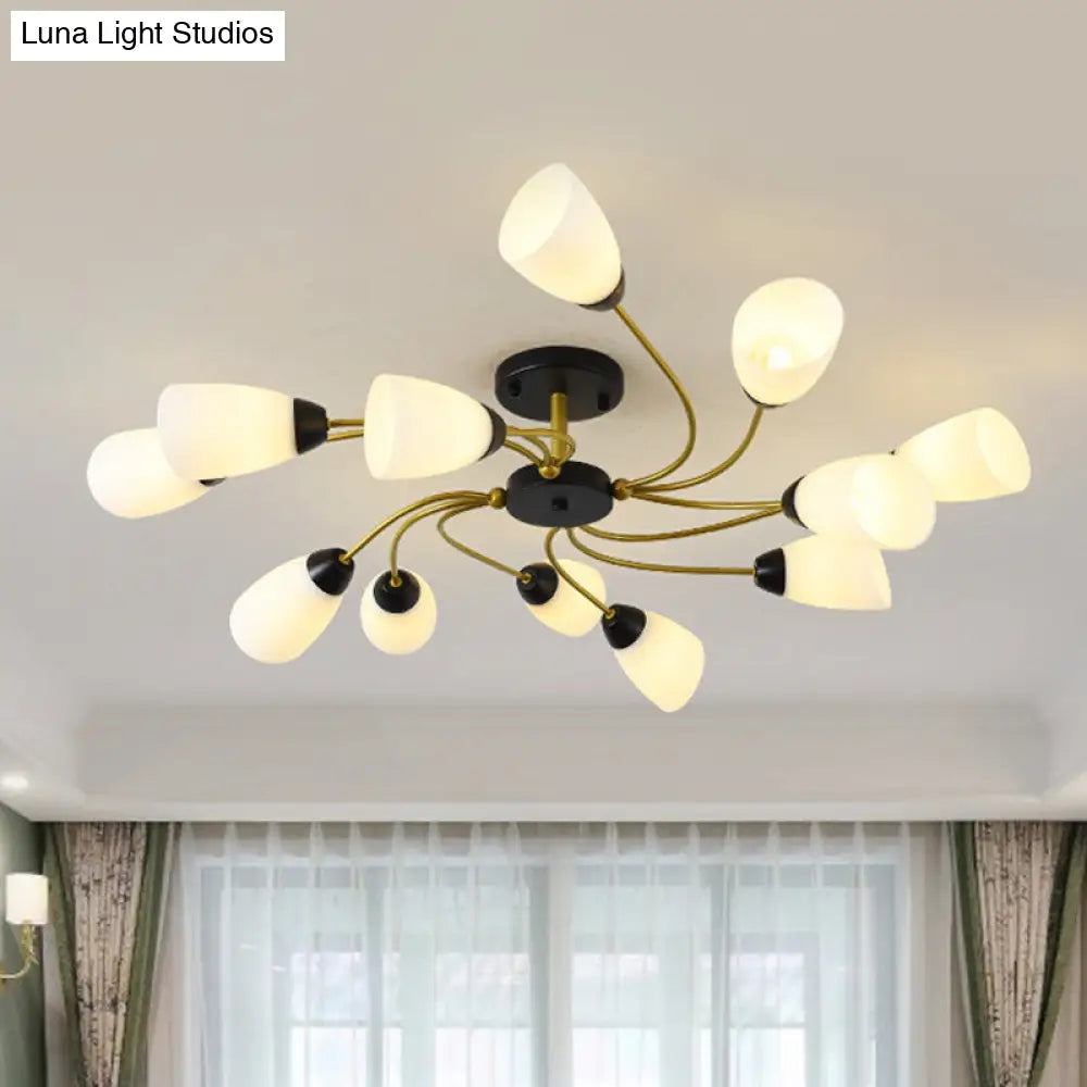 DecorBites™ DecorBites™ Iron Black/Gold Ceiling Spiral Semi Flush Mount Light with Tapered White Glass Shade - 9/12-Head Traditional Fixture