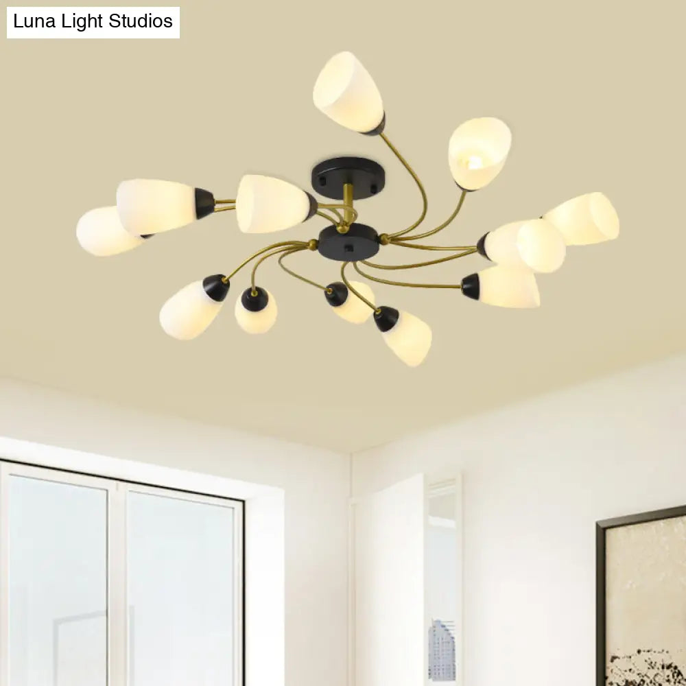 DecorBites™ DecorBites™ Iron Black/Gold Ceiling Spiral Semi Flush Mount Light with Tapered White Glass Shade - 9/12-Head Traditional Fixture