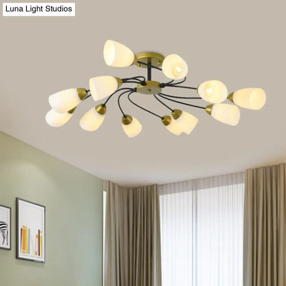 DecorBites™ DecorBites™ Iron Black/Gold Ceiling Spiral Semi Flush Mount Light with Tapered White Glass Shade - 9/12-Head Traditional Fixture