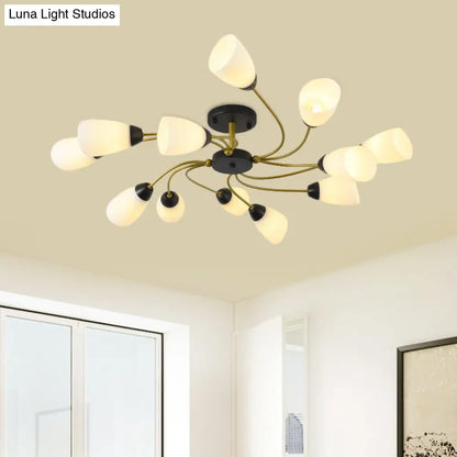 DecorBites™ DecorBites™ Iron Black/Gold Ceiling Spiral Semi Flush Mount Light with Tapered White Glass Shade - 9/12-Head Traditional Fixture