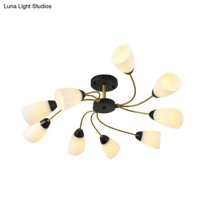 DecorBites™ DecorBites™ Iron Black/Gold Ceiling Spiral Semi Flush Mount Light with Tapered White Glass Shade - 9/12-Head Traditional Fixture