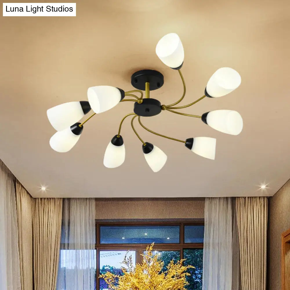 DecorBites™ DecorBites™ Iron Black/Gold Ceiling Spiral Semi Flush Mount Light with Tapered White Glass Shade - 9/12-Head Traditional Fixture