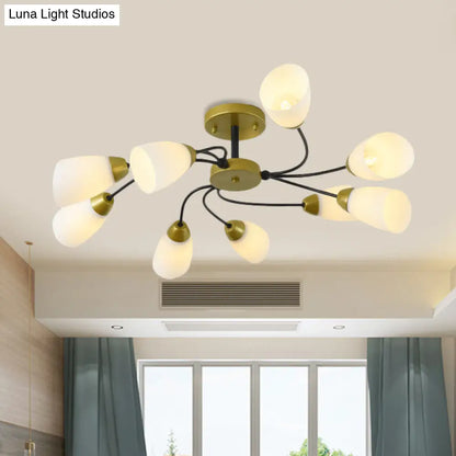 DecorBites™ DecorBites™ Iron Black/Gold Ceiling Spiral Semi Flush Mount Light with Tapered White Glass Shade - 9/12-Head Traditional Fixture