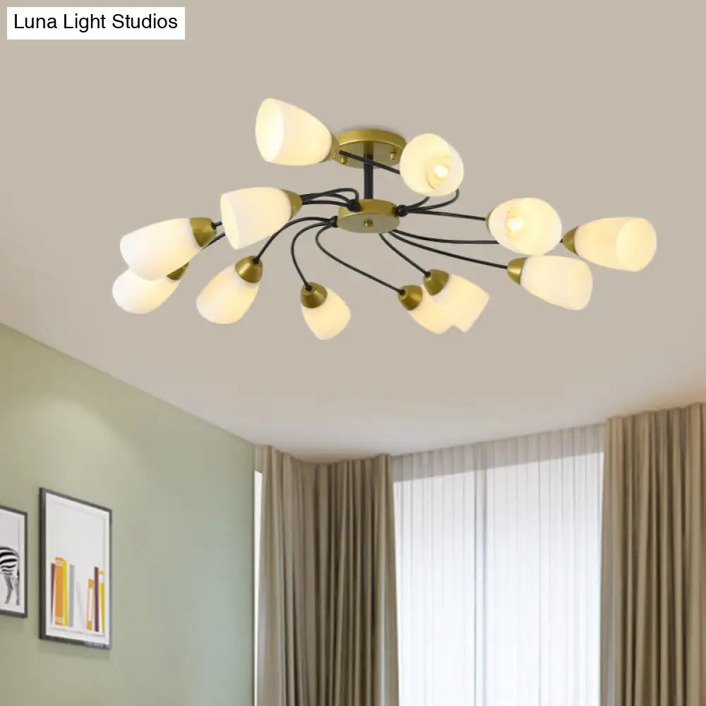 DecorBites™ DecorBites™ Iron Black/Gold Ceiling Spiral Semi Flush Mount Light with Tapered White Glass Shade - 9/12-Head Traditional Fixture