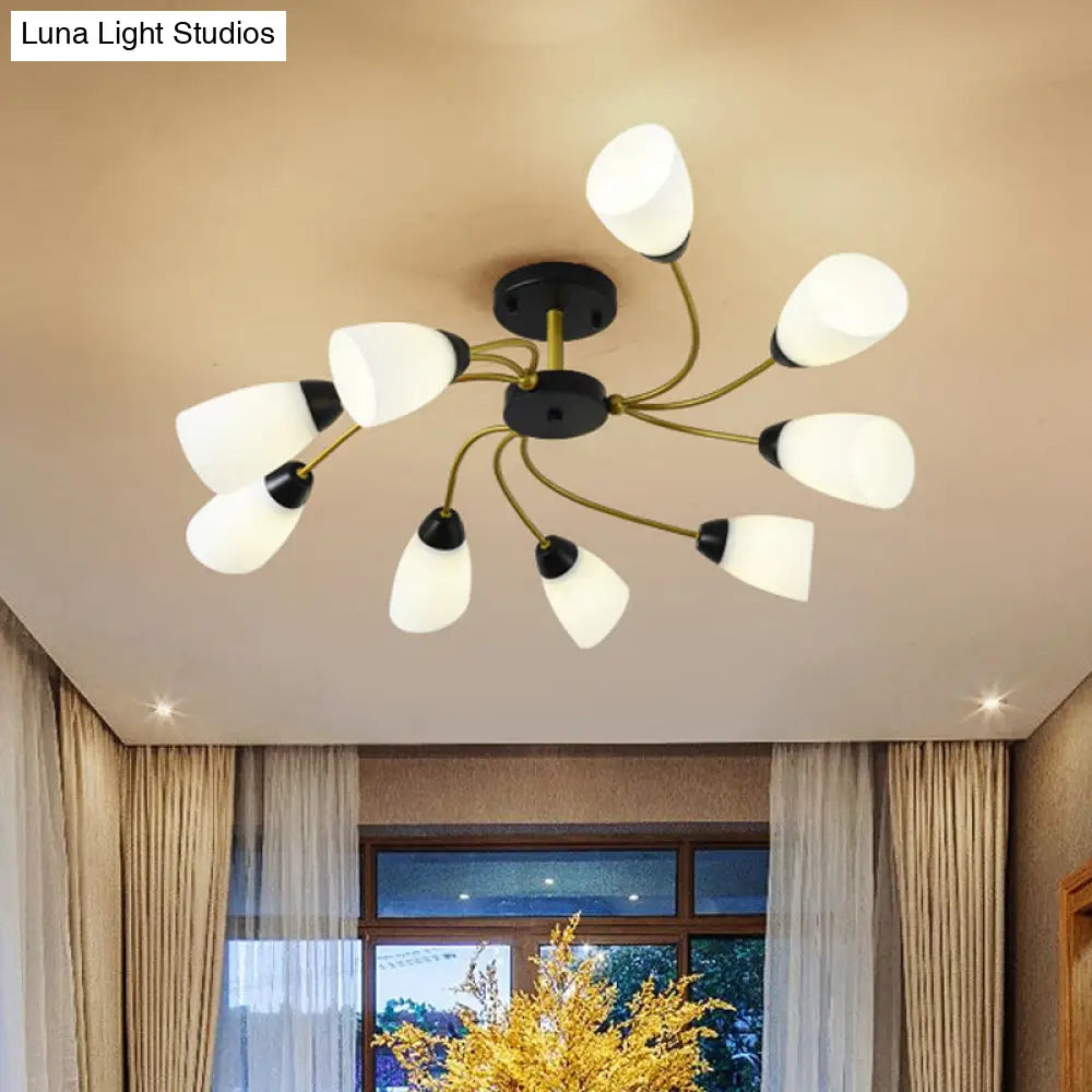 DecorBites™ DecorBites™ Iron Black/Gold Ceiling Spiral Semi Flush Mount Light with Tapered White Glass Shade - 9/12-Head Traditional Fixture