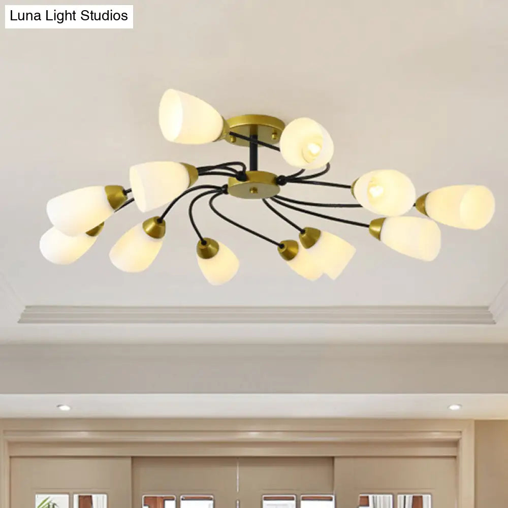 DecorBites™ DecorBites™ Iron Black/Gold Ceiling Spiral Semi Flush Mount Light with Tapered White Glass Shade - 9/12-Head Traditional Fixture