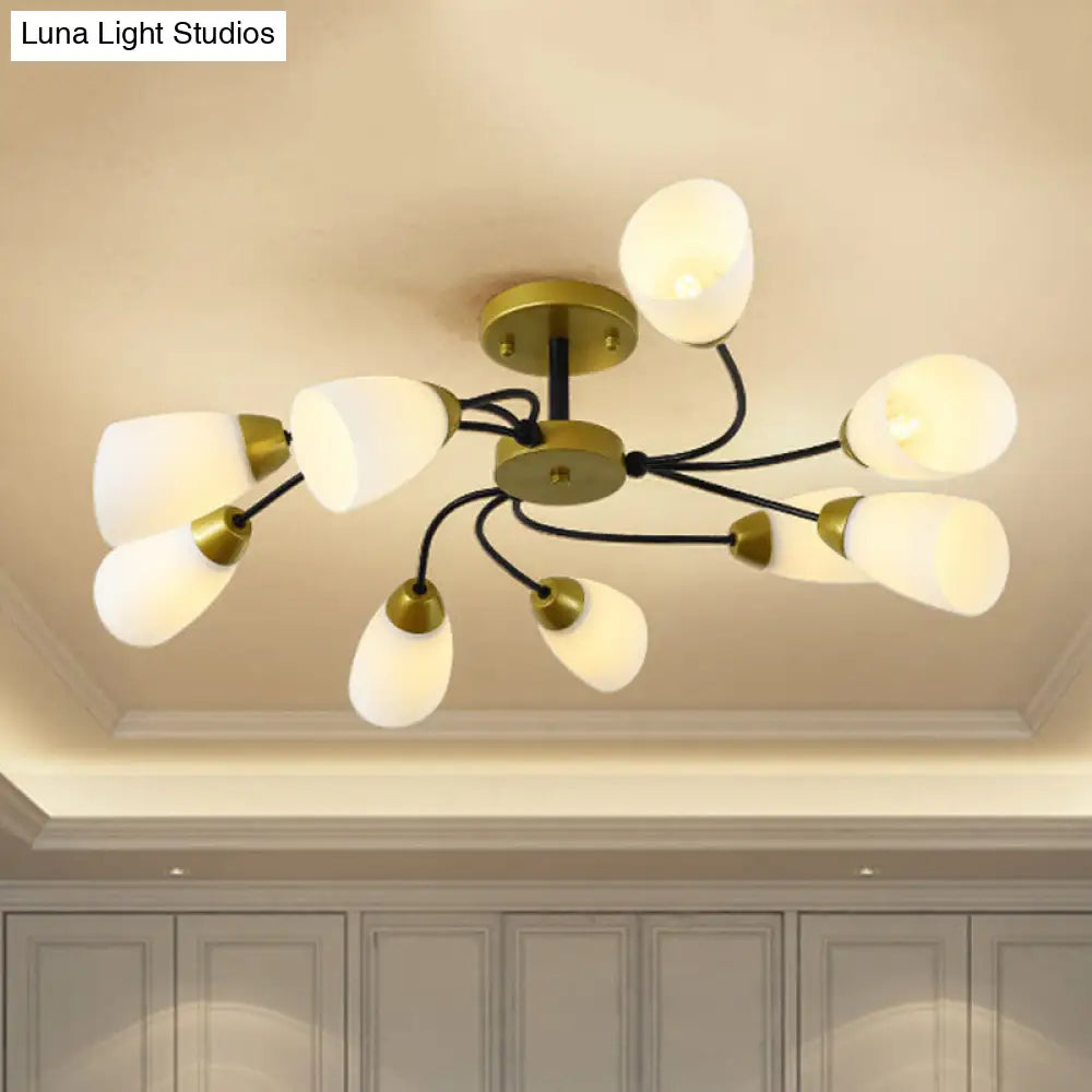 DecorBites™ DecorBites™ Iron Black/Gold Ceiling Spiral Semi Flush Mount Light with Tapered White Glass Shade - 9/12-Head Traditional Fixture