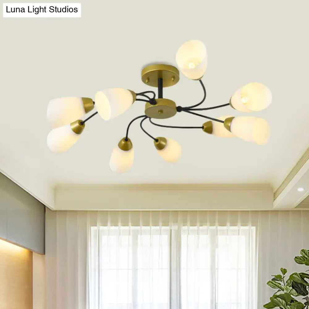 DecorBites™ DecorBites™ Iron Black/Gold Ceiling Spiral Semi Flush Mount Light with Tapered White Glass Shade - 9/12-Head Traditional Fixture