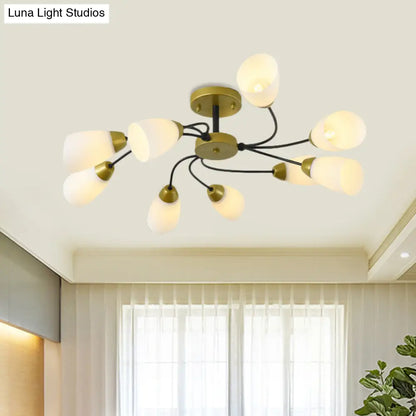 DecorBites™ DecorBites™ Iron Black/Gold Ceiling Spiral Semi Flush Mount Light with Tapered White Glass Shade - 9/12-Head Traditional Fixture