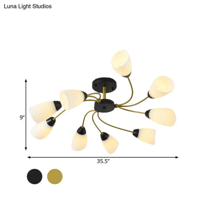 DecorBites™ DecorBites™ Iron Black/Gold Ceiling Spiral Semi Flush Mount Light with Tapered White Glass Shade - 9/12-Head Traditional Fixture