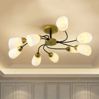 DecorBites™ DecorBites™ Iron Black/Gold Ceiling Spiral Semi Flush Mount Light with Tapered White Glass Shade - 9/12-Head Traditional Fixture