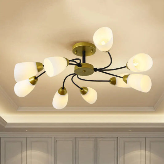 DecorBites™ DecorBites™ Iron Black/Gold Ceiling Spiral Semi Flush Mount Light with Tapered White Glass Shade - 9/12-Head Traditional Fixture