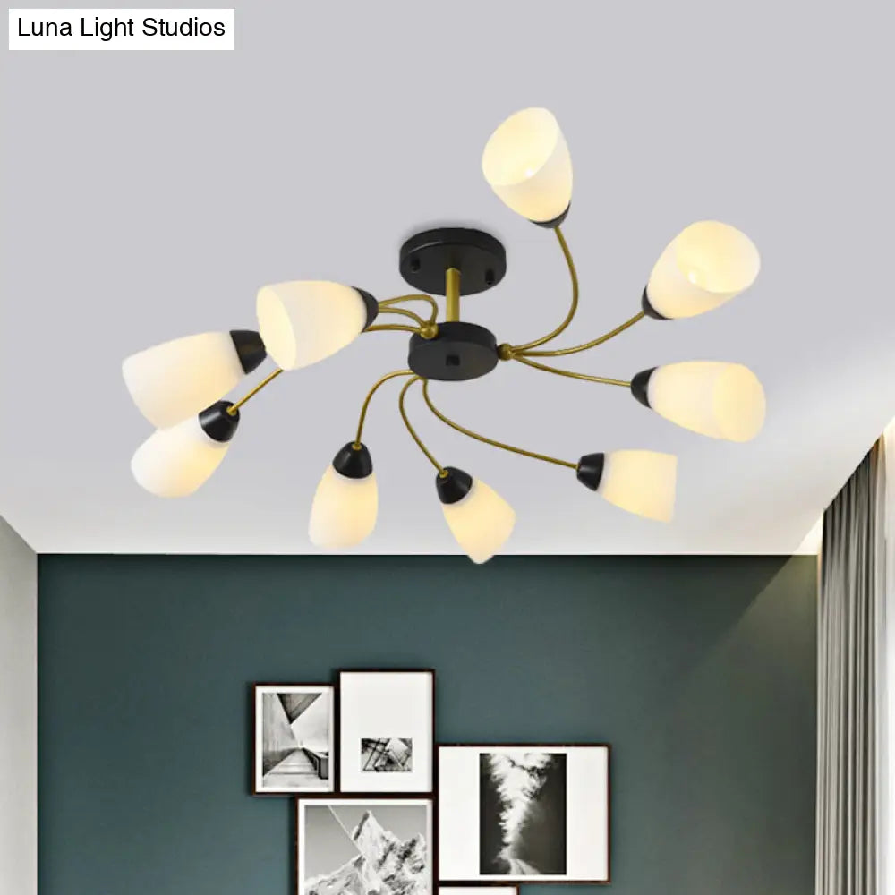 DecorBites™ DecorBites™ Iron Black/Gold Ceiling Spiral Semi Flush Mount Light with Tapered White Glass Shade - 9/12-Head Traditional Fixture