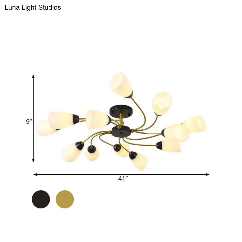 DecorBites™ DecorBites™ Iron Black/Gold Ceiling Spiral Semi Flush Mount Light with Tapered White Glass Shade - 9/12-Head Traditional Fixture