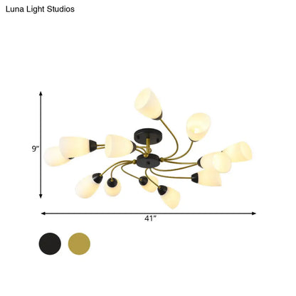 DecorBites™ DecorBites™ Iron Black/Gold Ceiling Spiral Semi Flush Mount Light with Tapered White Glass Shade - 9/12-Head Traditional Fixture