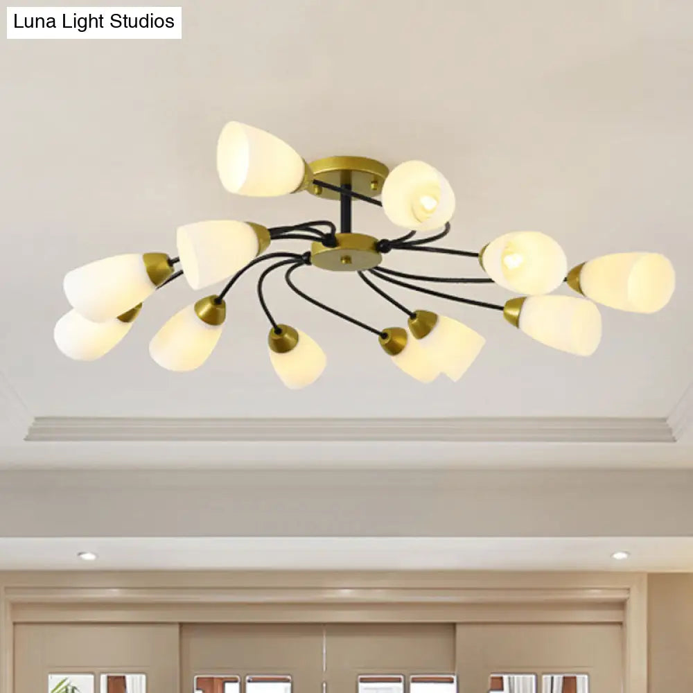 DecorBites™ DecorBites™ Iron Black/Gold Ceiling Spiral Semi Flush Mount Light with Tapered White Glass Shade - 9/12-Head Traditional Fixture