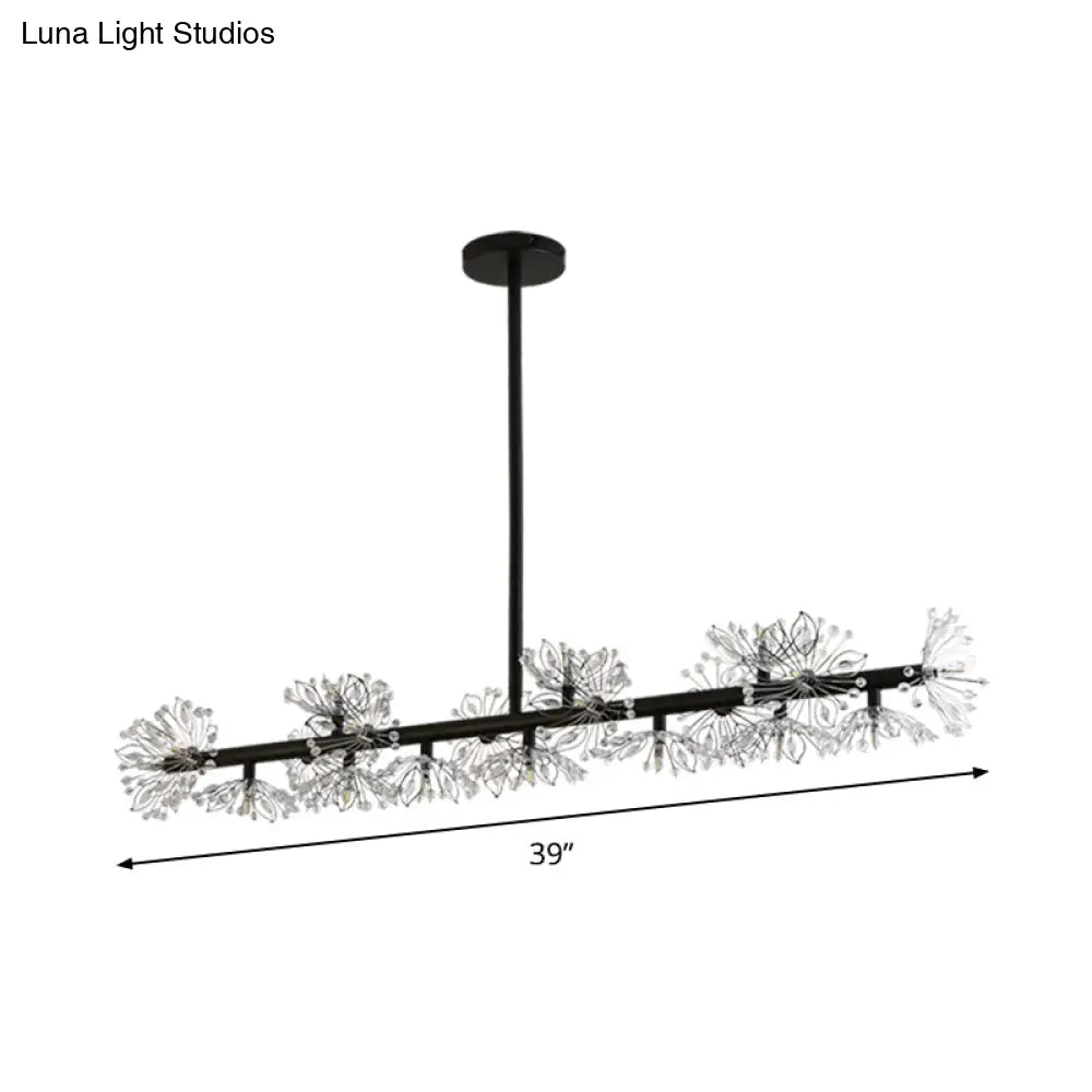 DecorBites™ Iron Black Linear 19-Head Suspension Lamp: Modern Island Pendant Light with Crystal Bead Flower Decor
