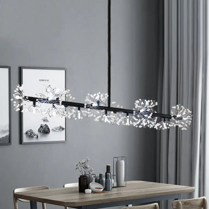 DecorBites™ Iron Black Linear 19-Head Suspension Lamp: Modern Island Pendant Light with Crystal Bead Flower Decor
