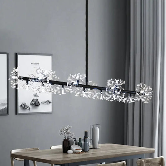 DecorBites™ Iron Black Linear 19-Head Suspension Lamp: Modern Island Pendant Light with Crystal Bead Flower Decor