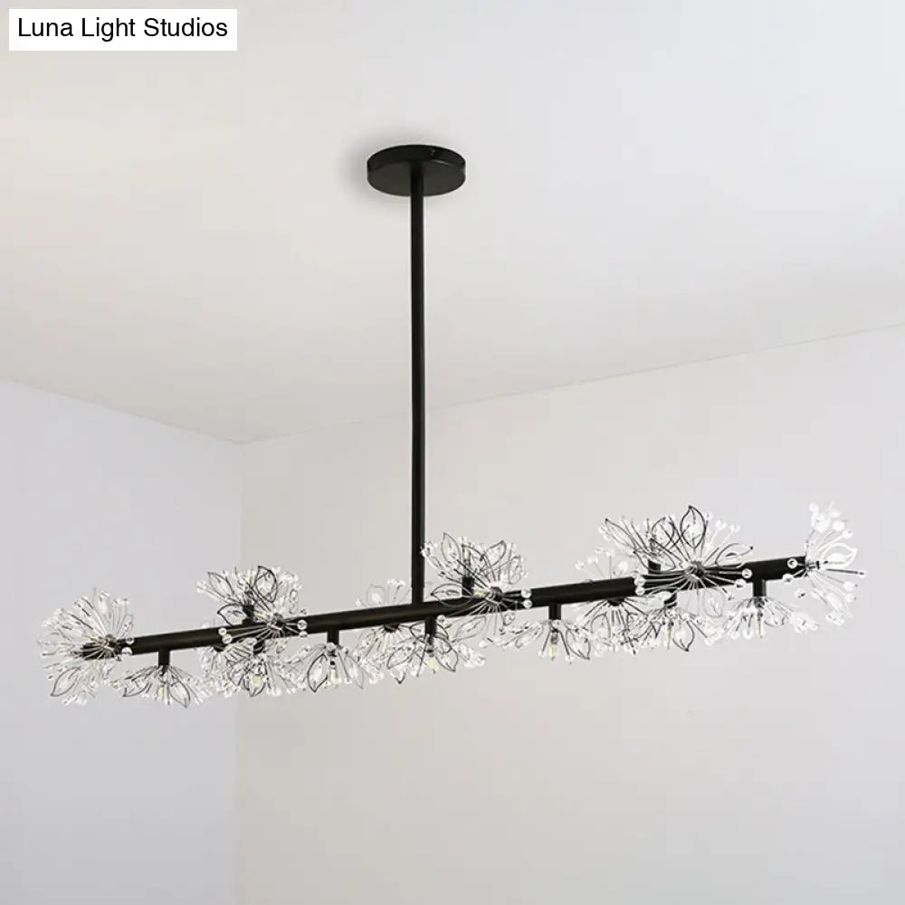 DecorBites™ Iron Black Linear 19-Head Suspension Lamp: Modern Island Pendant Light with Crystal Bead Flower Decor