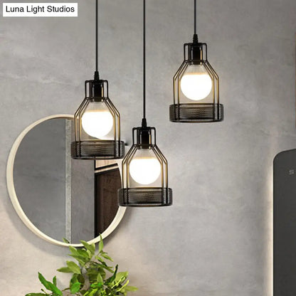 Iron Bottle Frame Cluster Pendant Industrial Suspension Lighting with Mesh Bottom - Black, 3 Bulbs, Dining Table Compatible