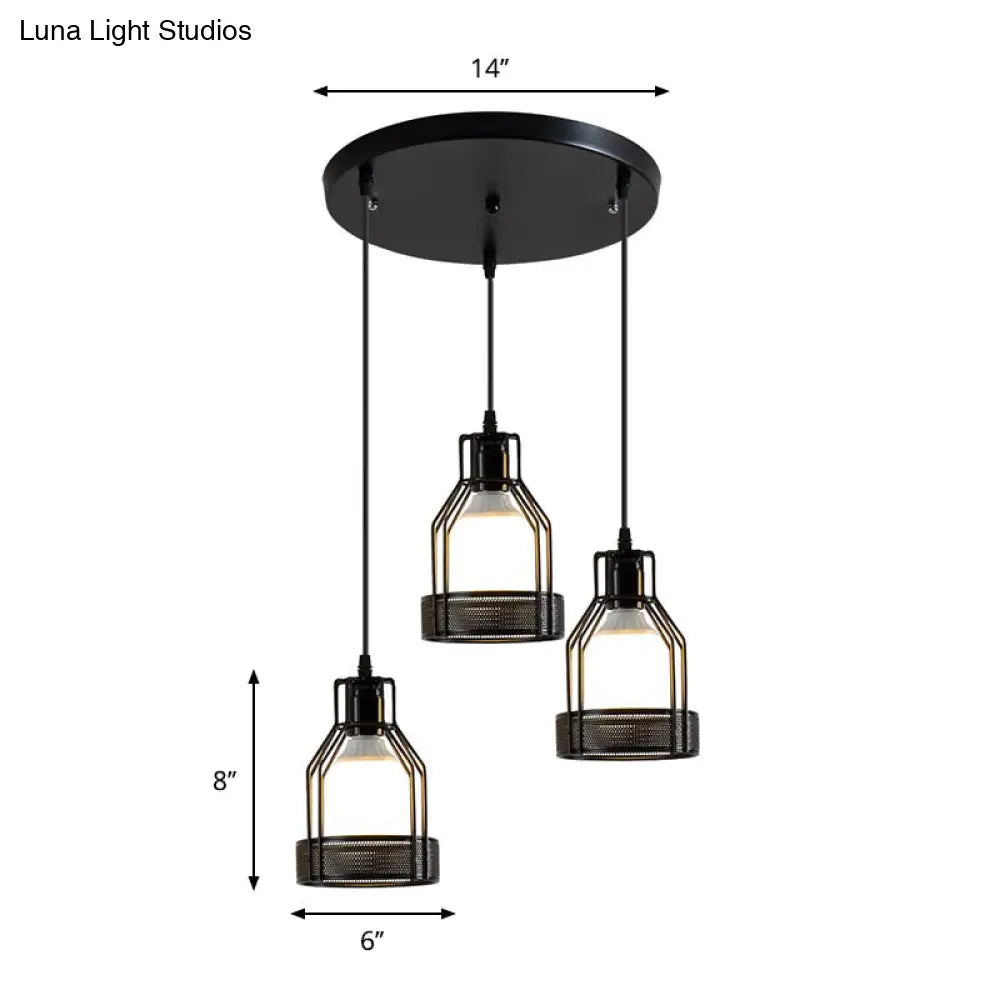 Iron Bottle Frame Cluster Pendant Industrial Suspension Lighting with Mesh Bottom - Black, 3 Bulbs, Dining Table Compatible