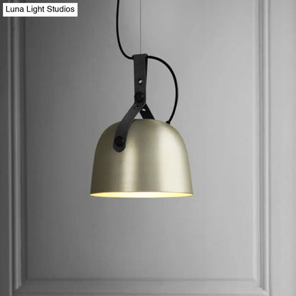 Iron Bowled Pendant Lamp: 1-Bulb Ceiling Light in Black/Copper/Silver with Leather Strap