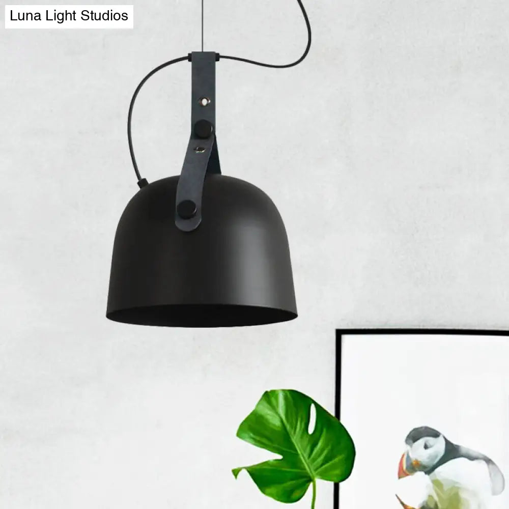 Iron Bowled Pendant Lamp: 1-Bulb Ceiling Light in Black/Copper/Silver with Leather Strap