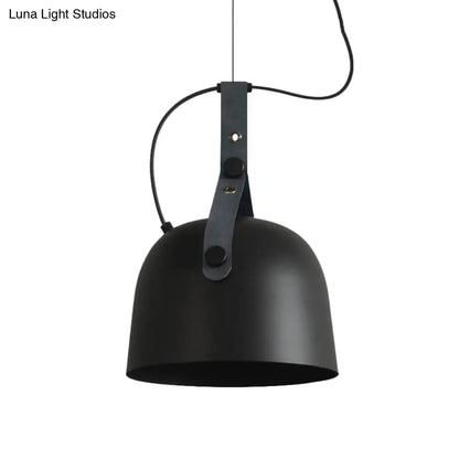 Iron Bowled Pendant Lamp: 1-Bulb Ceiling Light in Black/Copper/Silver with Leather Strap