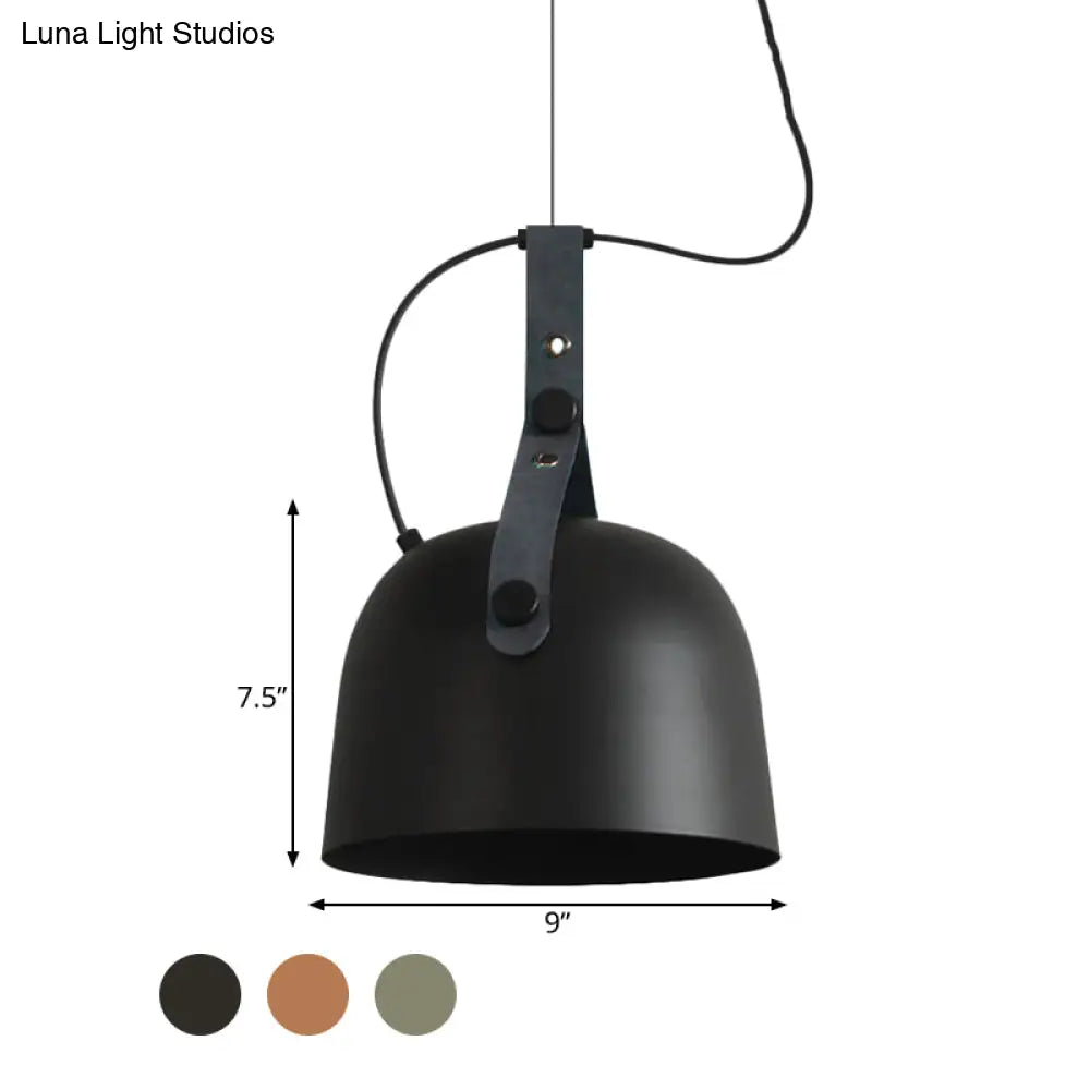 Iron Bowled Pendant Lamp: 1-Bulb Ceiling Light in Black/Copper/Silver with Leather Strap