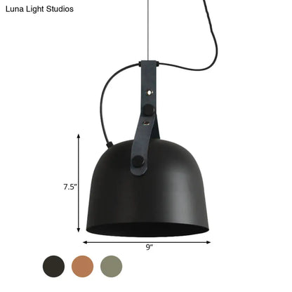 Iron Bowled Pendant Lamp: 1-Bulb Ceiling Light in Black/Copper/Silver with Leather Strap