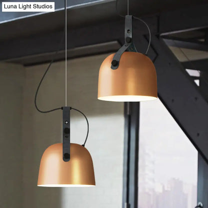 Iron Bowled Pendant Lamp: 1-Bulb Ceiling Light in Black/Copper/Silver with Leather Strap