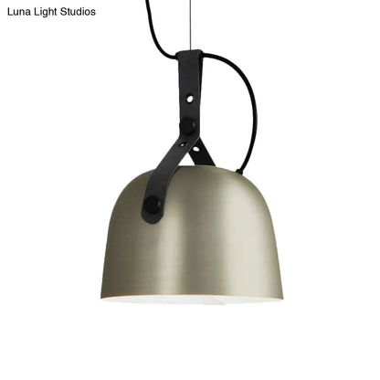 Iron Bowled Pendant Lamp: 1-Bulb Ceiling Light in Black/Copper/Silver with Leather Strap