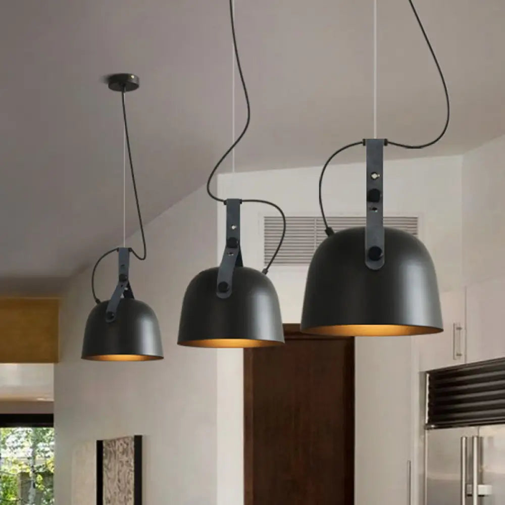 Iron Bowled Pendant Lamp: 1-Bulb Ceiling Light in Black/Copper/Silver with Leather Strap