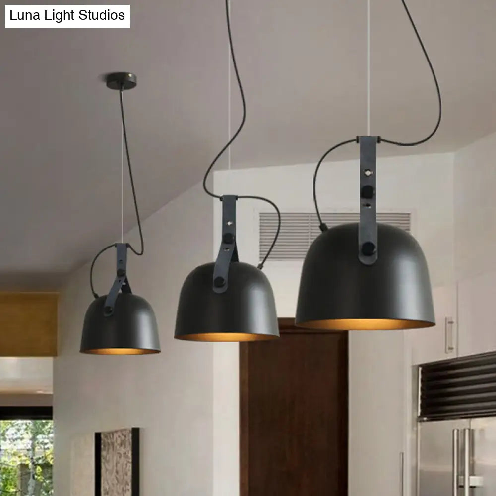 Iron Bowled Pendant Lamp: 1-Bulb Ceiling Light in Black/Copper/Silver with Leather Strap