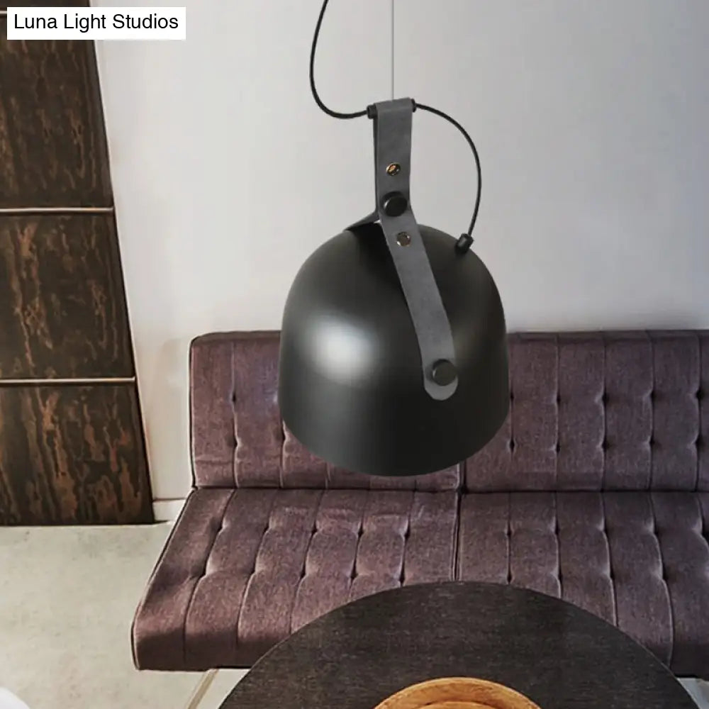 Iron Bowled Pendant Lamp: 1-Bulb Ceiling Light in Black/Copper/Silver with Leather Strap