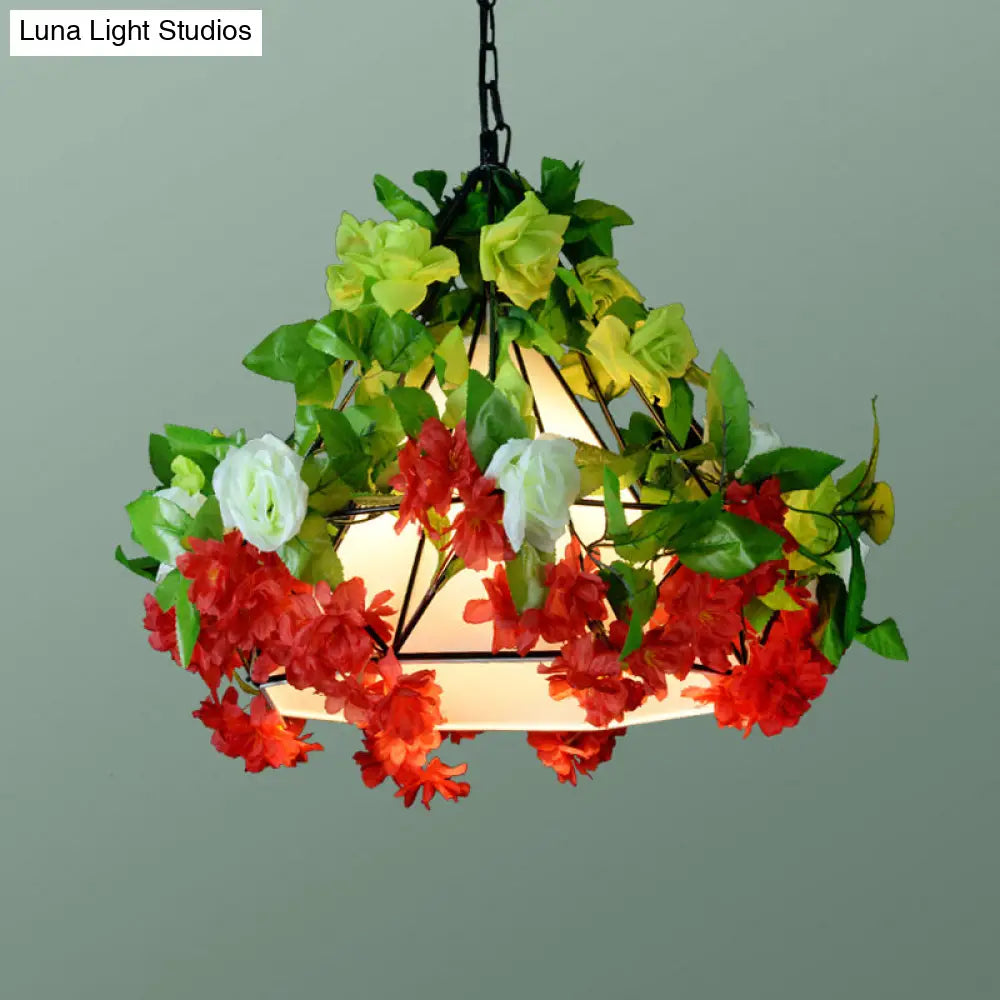 Iron Cage Hanging Pendant Light with Diamond Bulb and Decorative Plant