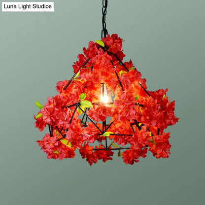 Iron Cage Hanging Pendant Light with Diamond Bulb and Decorative Plant